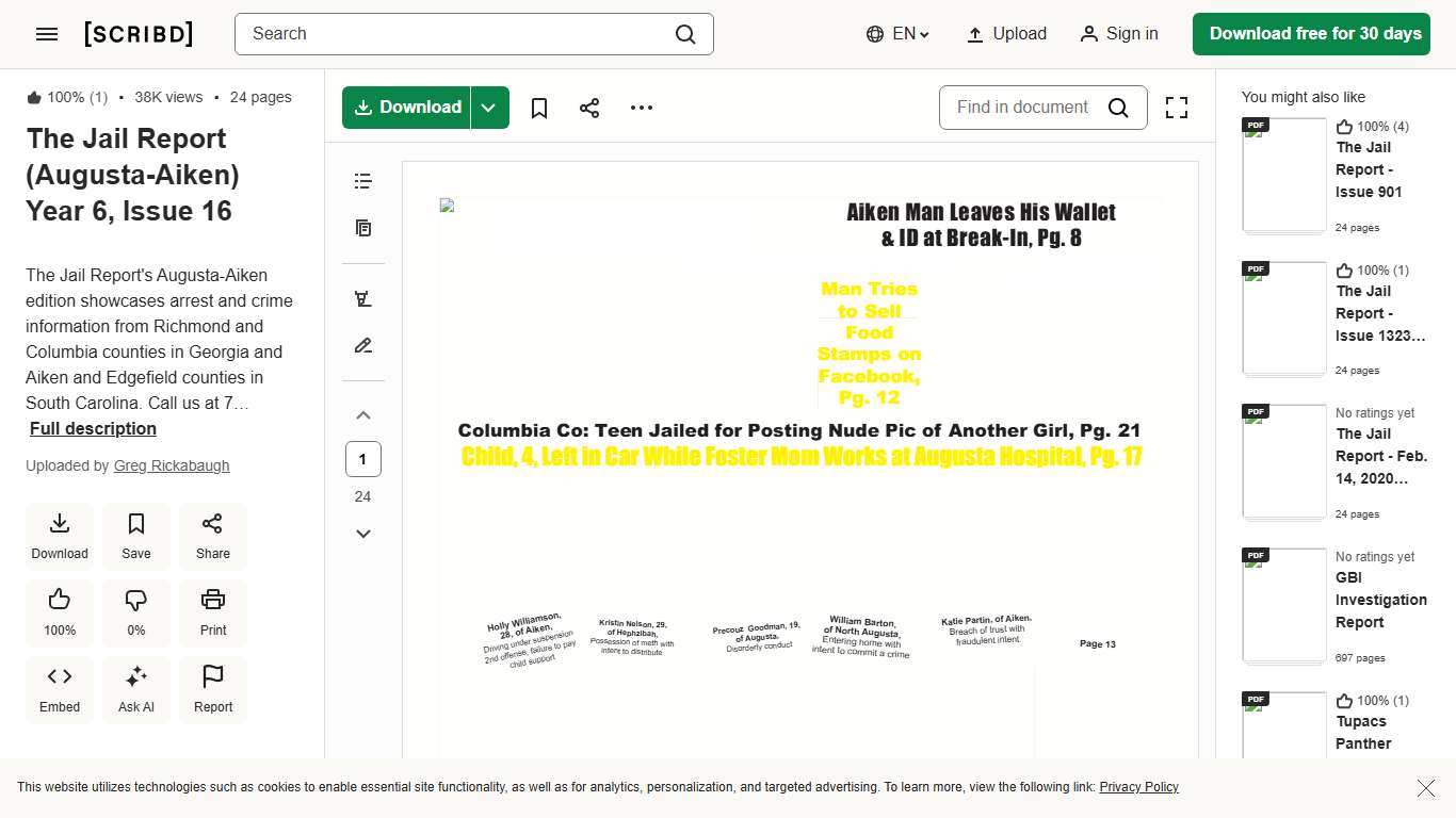 The Jail Report (Augusta-Aiken) Year 6, Issue 16 | PDF | Medical Prescription | Criminal Law
